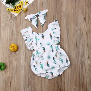 0-24M Bebek Yenidoğan Bebek Kız Ruffles Tulum Kaktüs Baskı Tulum Yaz Kostümleri Bebek Giysileri