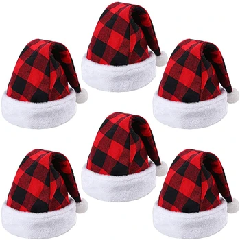 2020 Yeni noel şapkaları Siyah Kırmızı Ekose Santa Şapka Moda Peluş Noel Santa Şapka Noel Partisi Festivali Süsler Sıcak Toptan