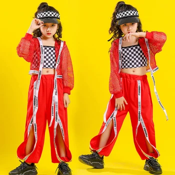 2023 Caz Kostüm Kızlar İçin Kırmızı Net Ceket Yarık Pantolon Hip Hop Dans Elbise Çocuklar Modern Dans Performansı Kıyafet Sahne Giyim BL9885