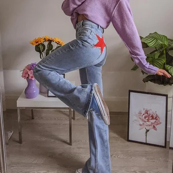 2023 Flare Kot Kadın Vintage Yıldız Patchwork Dipleri Rahat Yüksek Bel Kadın kot pantolon Streetwear Estetik Sevimli Pantolon