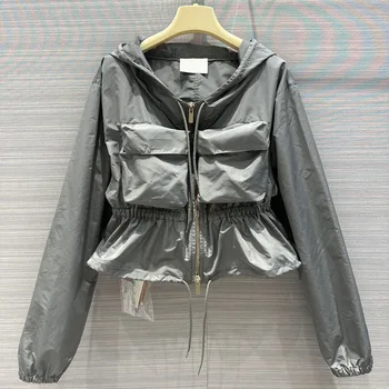 2023 Yüksek kaliteli kadın güneş koruyucu ceket tasarım duygusu iş giysisi rahat bel kapşonlu trençkot ince