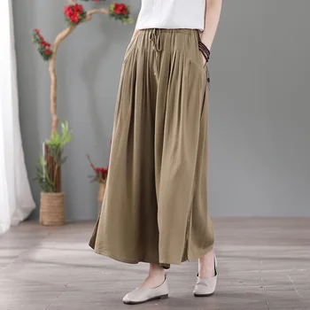 # 2950 Pamuk Keten Pantolon Kadın Gevşek Vintage Yüksek Belli Pantolon İnce Ayak Bileği uzunlukta Pilili Retro Pantolon Bayanlar Yaz 