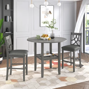3 Adet Yuvarlak Tezgah Yüksekliği Mutfak yemek masası Seti Damla Yaprak Masa, Bir Raf ve 2 Çapraz Geri Yastıklı Sandalyeler Gri