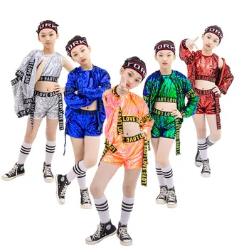 3 adet Çocuk Hip Hop Giyim Renkli Kızlar İçin Caz Dans Kostümleri Kız Balo Salonu Dans Elbise Çocuk Caz Sahne Takım Elbise
