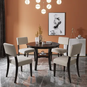 5 Parçalı Mutfak Yemek Masası Seti Alt Raflı Yuvarlak Mutfak Masası, Yemek Odası için 4 Döşemeli Sandalye (Espresso)