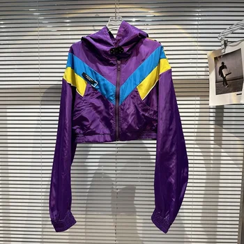 Absgd 2023 Yeni Yaz Yeni Varış Uzun Kollu Mor Kontrast Renk Kapşonlu Yağmur Geçirmez Ceket Kadın Ceket
