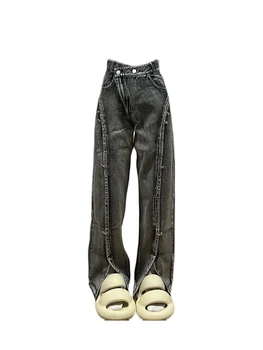 Amerikan Tarzı Retro Harajuku Tasarım Kadın Jean Pantolon Yüksek Bel Geniş Bacak Bayan kot pantolon Yüksek Sokak Punk Tarzı Streetwear