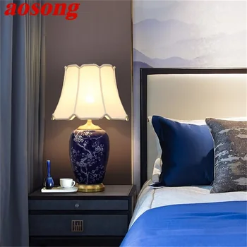 AOSONG Mavi Seramik masa lambaları Pirinç Modern Lüks Kumaş masa ışığı Ev Dekoratif Oturma Odası Yemek Odası Yatak Odası için