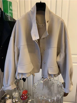 Bahar Standı Yaka kadın ceketi Rahat Kısa Trençkot Kadınlar İçin Düğme Gevşek kadın Bombacı Ceket 2023 Streetwear Yeni