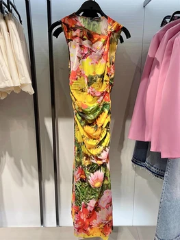 bazaleas mağaza traf 2023 Baskı Tül Yan Bölünmüş Elbise Slim Fit kadın elbiseleri Yaz bayan Midi resmi