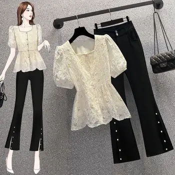 Büyük yaz kadın moda mizaç gömlek iki parçalı takım elbise pantolon iki parçalı setleri bayan Outifits