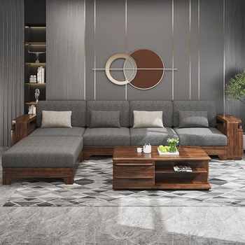 Ceviz oturma odası modern basit katı ahşap deri kanepe kombinasyonu yeni Çin mobilya seti