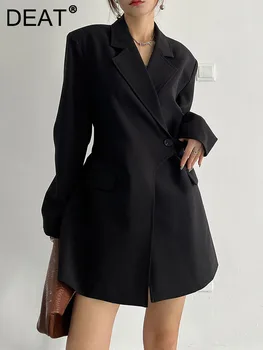DEAT Moda Kadın Blazer Çentikli Yaka Gevşek Tek Düğme Bağlama Kayışı Uzun Kollu Siyah Takım Elbise Ceketleri Bahar 2023 Yeni 17A4280