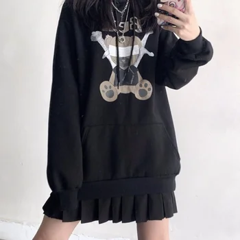 Deeptown Kpop Streetwear Ayı baskılı kapüşonlu svetşört Kadın Gotik Alt Kültür Büyük Boy Siyah Üstleri Harajuku Hippi Rahat Kazak Kadın