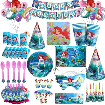 Disney Denizkızı Ariel Parti Dekor Kızlar Doğum Günü Lateks Balon Sofra Kağıt Şapka Peçete Tabağı Masa Örtüsü Mutlu doğum günü hediyesi