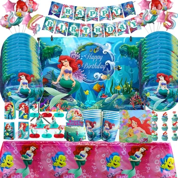 Disney Mermaid Prenses Parti Malzemeleri dekorasyon balonu Çocuk Oyuncakları Bebek Duş Doğum Günü Tek Kullanımlık Bardak Tabak Ariel Arka Planında