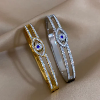 DODOHAO Yeni Moda Mavi Nazar Tam Kristal Bilezik Kadınlar için Altın Gümüş Renk Şanslı Zincir Zirkon Manşet Bilezik Takı