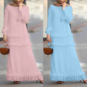 Dubai Arap Müslüman Cupcake Elbise Kadınlar Dantel Petal Kollu Kek Vestidos Türkiye Katı Zarif Maxi İslam Giyim 5xl