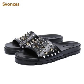 Erkek rahat ayakkabılar Lüks Düşük Topuklu Altın Perçin Siyah Beyaz Sivri Tasarımcı Slaytlar Adam Terlik Moda Açık Flats Ayakkabı EU46