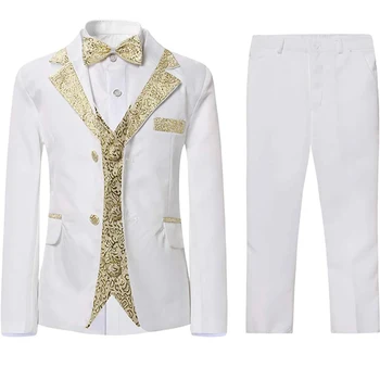 Erkek Slim Fit Takım Elbise 5 Adet Set Çocuklar Blazer Yelek Pantolon Gömlek Papyon Ceket Altın Jantlar Düğün Parti Balo