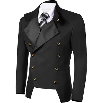 Erkek Steampunk Siyah Beyaz Ceket Retro Vintage Ceket Gotik Askeri Blazer Victoria Performans Kostüm
