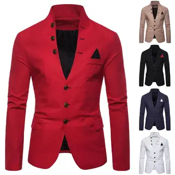 Erkekler Uzun Kollu Standı Yaka Smokin Takım Elbise Blazer 3 Düğme Cep İnce Ceket Ceket