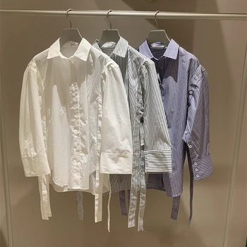 Erken Bahar Yeni Ürün Şerit Ayrılabilir Kollu Şerit Gömlek Gevşek Rahat Yaka Vintage Bluz Japonya Tarzı Şık Basit Blusas