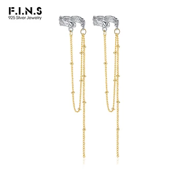F. I. N. S S925 Ayar Gümüş Küpe Kulak Delikleri olmadan Altın Gümüş Renk Kontrast Uzun Zincir Sahte Piercing Catilage Earcuff