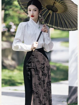 Geliştirilmiş Hanfu Siyah Jakarlı Saten Gömlek Kadın Bahar Şarkı Sistemi Benzersiz Tasarım Duygusu Antik Elbise Üst Etek İki parçalı Set