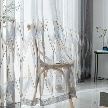 Gri Geometrik İşlemeli Tül İskandinav Tarzı Basit ve Modern Bitmiş Saydam Tül Oturma Yemek Odası Yatak Odası için