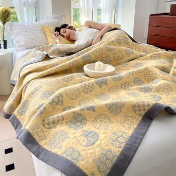 Havlu Battaniye Kanepe için Saf pamuk ipliği Battaniye Sarı Renk Kedi Baskılı Kareli Yatak Kraliçe Yaz Yatak Örtüsü / Yorgan
