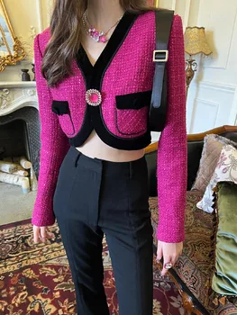 Hit Renk Temeprament Ceketler Kadınlar İçin V Boyun Uzun Kollu Patchwork Tek Düğme Rahat Gevşek Ceket Kadın Yeni