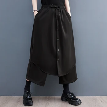 Japon Yamamoto Koyu Siyah Stil Yüksek Bel Fırfır Tatlı kızın Şık Moda İlkbahar Yaz Geniş Bacak Pantolon Kadın Rahat Pantolon