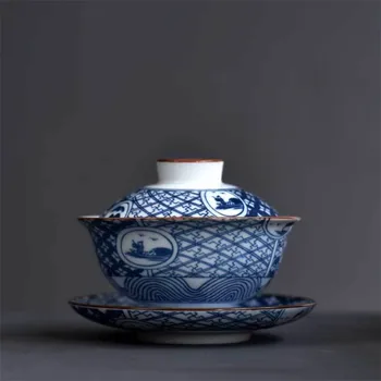 Jingdezhen Mavi ve Beyaz Porselen Kung Fu Gaiwan Yaratıcı Basit Demlik Ofis Teacups Ev Büyük Çay Kase Drinkware