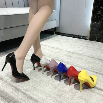 Kadın Ayakkabı Seksi Sivri Burun 10cm Pompaları düğün parti ayakkabıları Kırmızı Kauçuk Alt Yüksek Topuklu Bayan Elbise Ayakkabı Damla Gemi