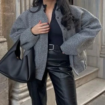 Kadın Ceketleri Gri Uzun Kollu Ceket Bayan Sıcak Cepler Düğmeler Bombardıman Dış Giyim 2023 Bahar Kış Sıcak Moda Tuzak