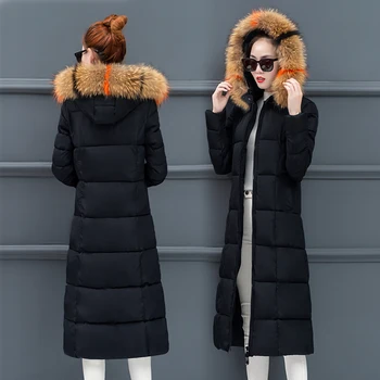 kadın kış kabarcık mont uzun dolgulu giysiler kürk hood siyah ceket kirpi sıcak kalın kış ınce parkas diz üzerinde fermuar 1.2
