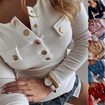 Kadın Sonbahar Uzun Kollu Nervürlü T-Shirt Seksi Düğme V Yaka Casual Slim Tops Katı Renk Sahte Flap Cep Temel Bluz N7YE