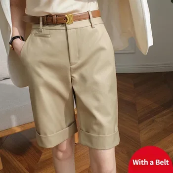 Kadın Yaz Şort Yüksek Bel Diz Boyu Düz Pantolon Kemer Ofis Haki Beyaz Siyah Rahat kısa pantolon Kadın Moda