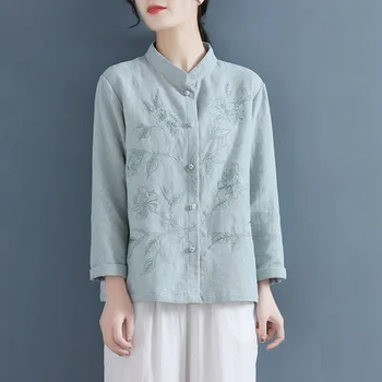 Kadınlar Vintage Pamuk Keten Gömlek Ve Üstleri Standı Uzun Kollu 2022 Bahar Yeni Çin Tarzı Düğme Gevşek Bluz Gömlek KK4371