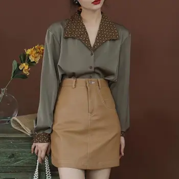 Kore tarzı Turn-aşağı Yaka Eklenmiş Vintage Kadın Gömlek Bahar Sonbahar Rahat Gevşek Uzun Kollu Düğme Bluz