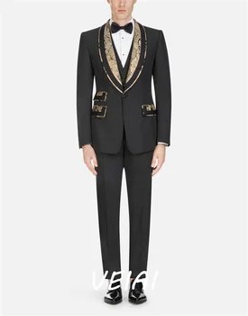 Kostüm Homme 2023 Balo Yemeği Smokin erkek Düğün Moda Damat Jakarlı Yaka Parti 3 Parça Takım Elbise (Ceket + Pantolon + Yelek)