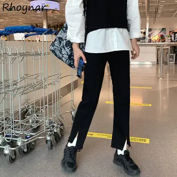 Kot Kadın İnce Yan yarık Saf Siyah Vintage Zarif Moda Kolej Ayak Bileği uzunlukta Tüm Maç Yüksek Bel Sonbahar Kadın Streetwear