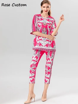 Kırmızı RoosaRosee Sequins Çiçek Baskı sıfır yaka bluzlar Kısa Kollu Bluz + Kalem Midi buzağı Pantolon Takım Elbise 2023 İlkbahar Yaz Kadın