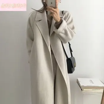 Kış 2023 Fransız Tembel Tarzı Sıcak Kadın Taze Klasik Kemer Retro Gevşek Kadın Yün Palto Şık Rahat Uzun Yün Palto