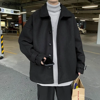 Kış Kalın Kısa Yün Ceket erkek Sıcak Moda Katı Rahat Giyim Sokak giyim Gevşek Kore Erkek Karışımları Tüm maç Harajuku