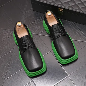 Lüks Tasarımcı Kare Ayak Erkekler Vintage deri ayakkabı Genişletilmiş Taban İngiliz Resmi Elbise Loafer'lar Siyah Dantel-up erkek ayakkabıları