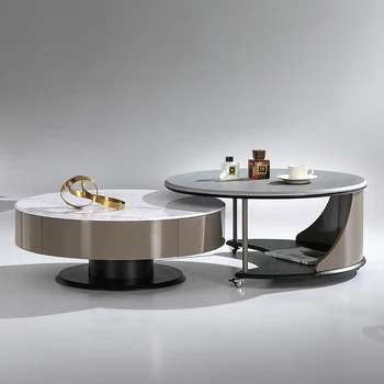 Lüks ve minimalist çay masası, üst düzey bir his, dönebilen oturma odası, sade mermer yüksek ve alçak yuvarlak çay masası