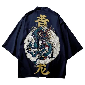 Moda Ejderha Baskı Siyah Gömlek Geleneksel Kimono Erkekler Kadınlar Yukata Japon Samurai Hırka Cosplay Haori Asya Giyim