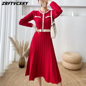 Moda Renk Eşleştirme Rahat Kazak Elbise kadın 2022 Sonbahar Kış Zarif Basit Ofis Örgü A-Line Midi Elbiseler